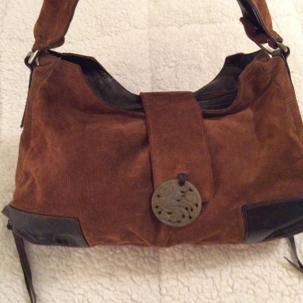 RIARIA brown corduroy w/ leather trim & fringe bag